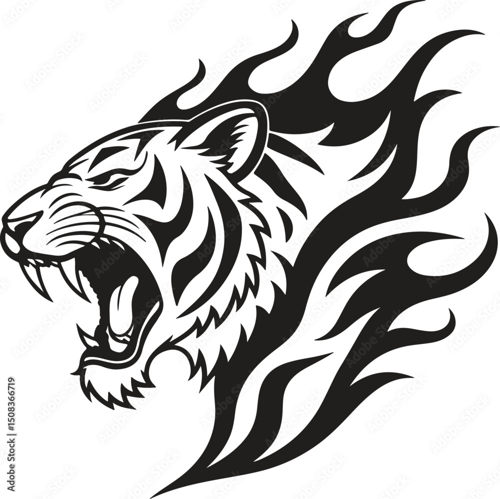 Fototapeta premium Tiger Head with Flames in Powerful Silhouette