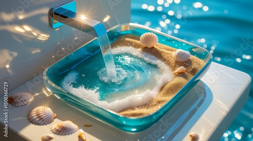 Modern sink with a miniature beach scene: sand, shells, waves and water drops. Light colors and realistic details create a feeling of freshness.