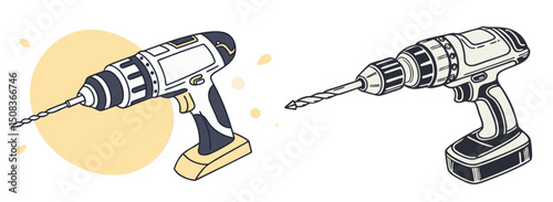 Illustration of two cordless drills with different designs and color schemes on a white background