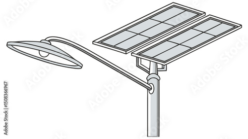 Illustration of a solar powered street light with two solar panels and a lamp on a pole in a drawing