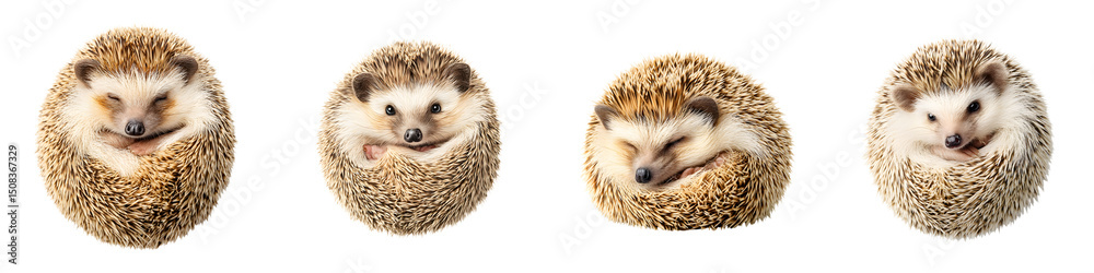 Obraz premium Playful hedgehogs in adorable, curled poses with soft, textured fur, showcasing their charming expressions and nature-inspired beauty, perfect for pet enthusiasts and wildlife photography.