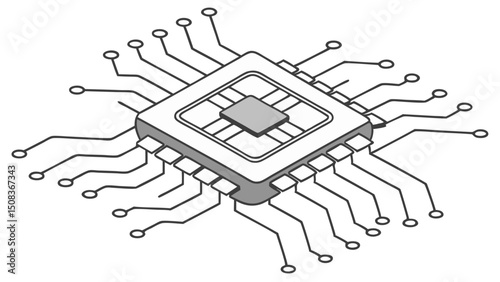 Isometric view of a computer chip with multiple pins extending outwards on a white background design