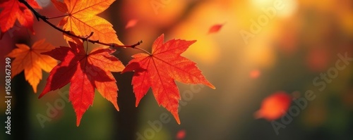 Vibrant red, orange, yellow maple leaves on branch, landscape, scarlet