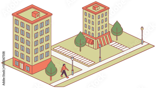 Isometric view of a city scene with two buildings trees streetlights and a person walking on the sidewalk