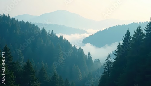 Thick mist clings to towering evergreens, creating an ethereal scene , primeval, scenic