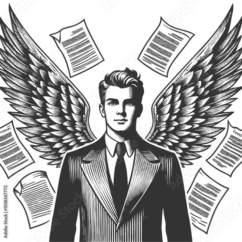 businessman angel with wings and halo moral leadership in business sketch engraving generative ai fictional character vector illustration. Scratch board imitation. Black and white image.