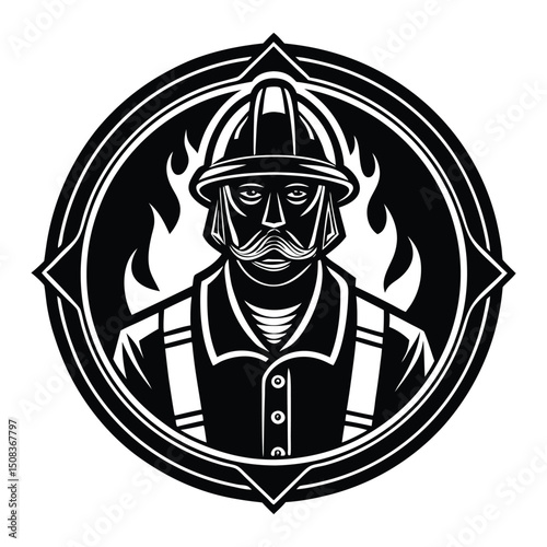 Firemen. Black and White Illustration, Isolated On White Background