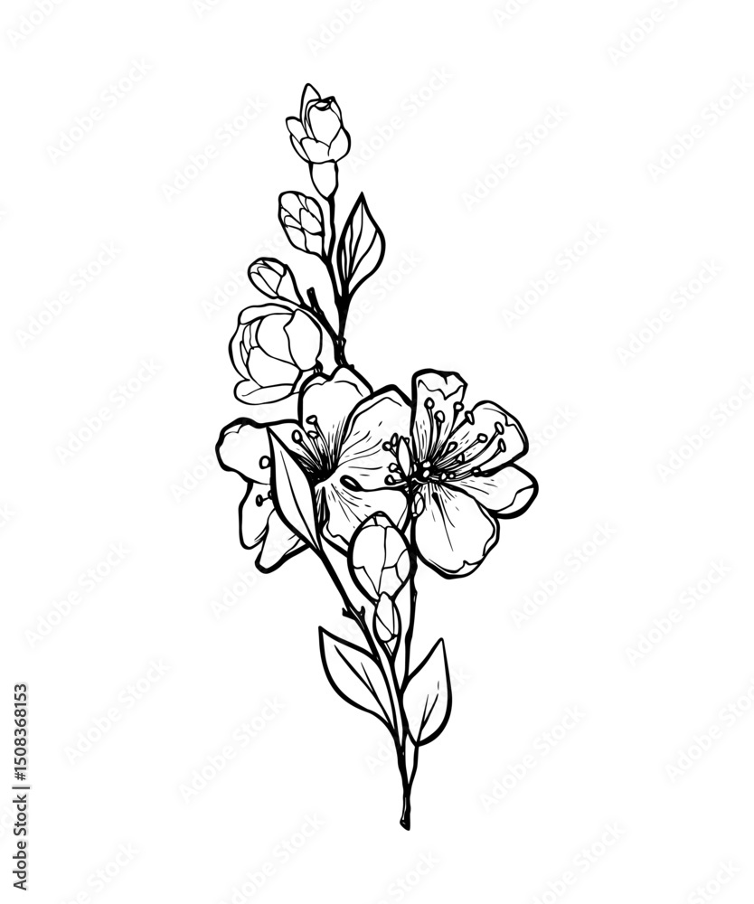 Obraz premium Blooming branch of sakura, apple tree, peach. Realistic drawing of beautiful flowers with buds and leaves for logo, wedding design. Outline sketch. Vector illustration.