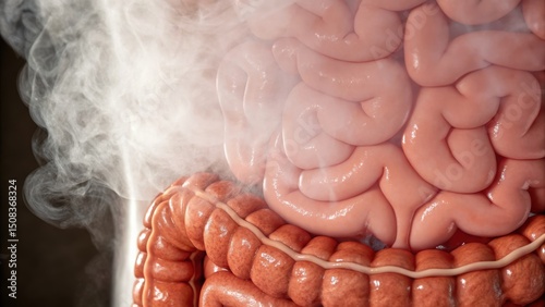 Leaky Gut concept. Detailed illustration of human intestines with a smoky effect.