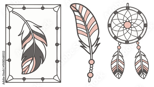 Illustration depicting a framed feather, a single feather with beads, and a dreamcatcher design