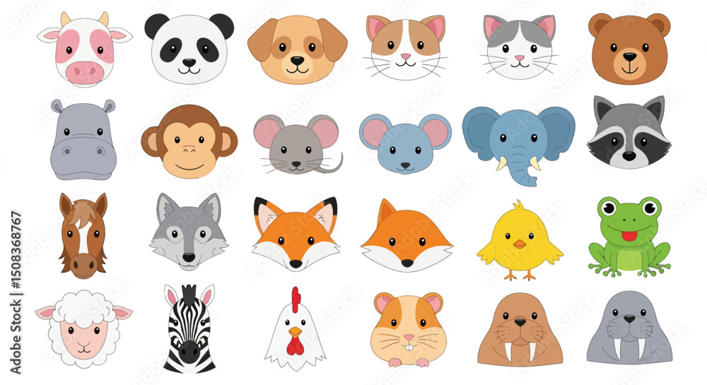 Cartoon Animal Faces Cow Panda Dog Cat Bear Hippo Monkey and More
