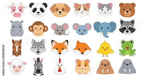 Cartoon Animal Faces Cow Panda Dog Cat Bear Hippo Monkey and More