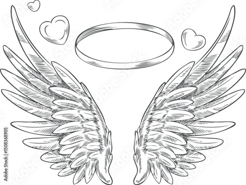 Angel wings with ring and heart sketch, pair of heraldic wings bird winged feathers vector hand drawn love heaven symbol