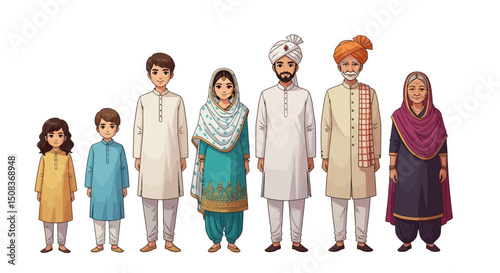 Cartoon depiction of a multigenerational Punjabi family in traditional clothing