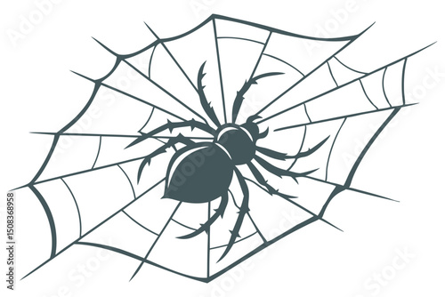 Illustration of a spider with long legs sitting in the middle of its intricate spider web design