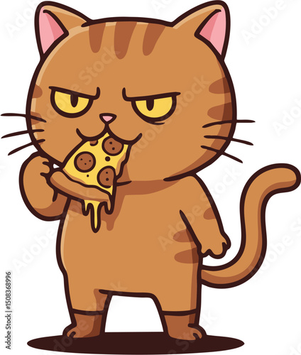 A cartoon cat with yellow eyes eating a pizza slice scowling slightly standing upright