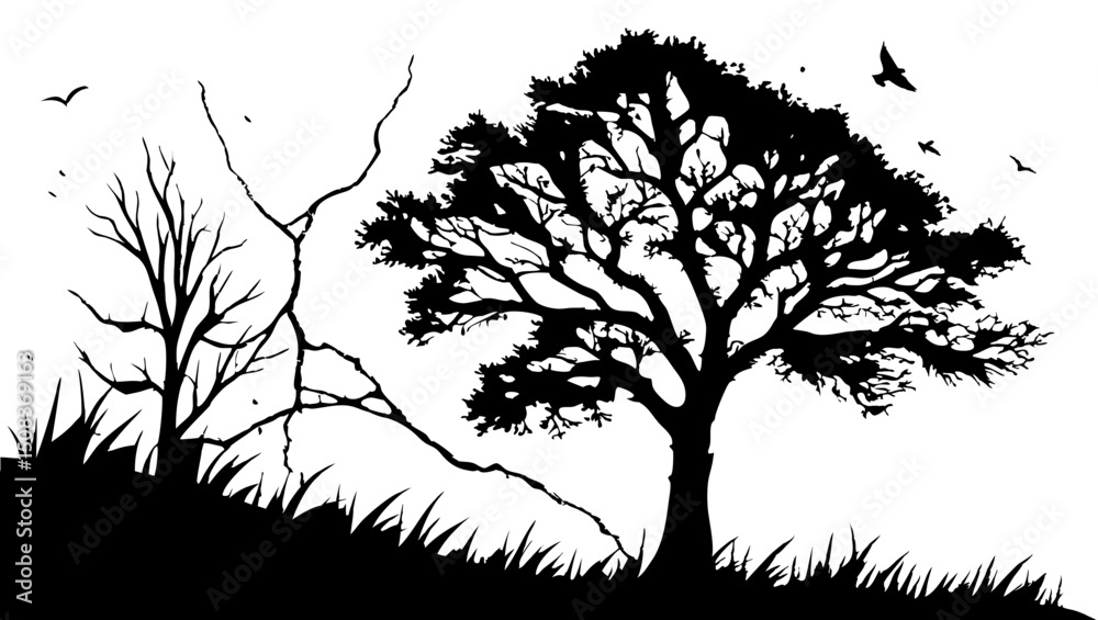 Fototapeta premium Silhouette landscape featuring two trees and flying birds against a white background in monochrome art