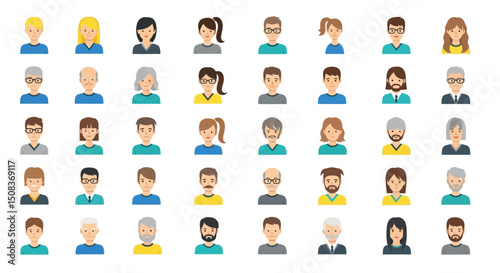 Collection of Diverse Cartoon People Avatars with Various Hairstyles and Accessories