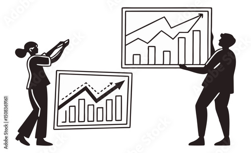 Two people presenting growth charts with bar graphs and upward trending lines in a business setting