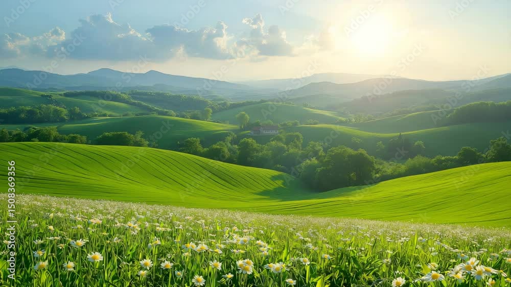 Green field and mountains, view of endless rolling hills in spring