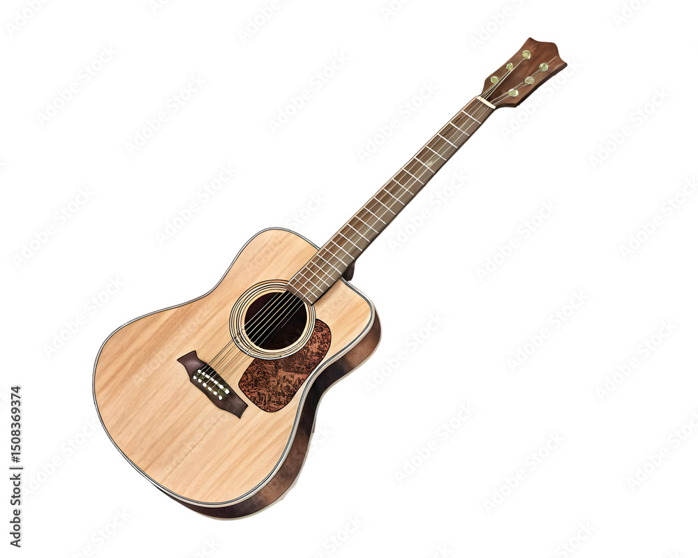 Fototapeta premium A beautifully crafted acoustic guitar placed amidst lush floral surroundings, isolated on a white background