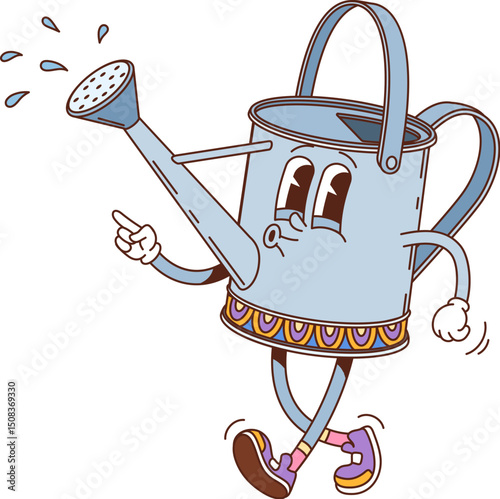 Cartoon groovy hippie watering can funny character with funny face, vector personage. Groovy watering pot funky whistling with water splashes for flowers and plants psychedelic or hipster emoji