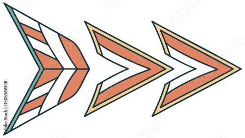 Three chevron shapes with varying designs and colors arranged horizontally on a white background
