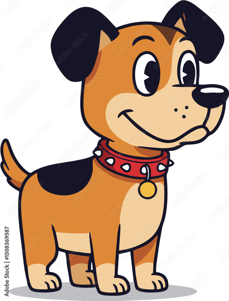 Fototapeta premium Cartoon dog stands wears a red studded collar gold tag casts a shadow