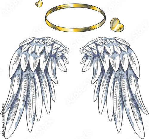 Angel wings with gold ring and heart vector sketch, pair of heraldic wings bird winged feathers with nimbus love symbol