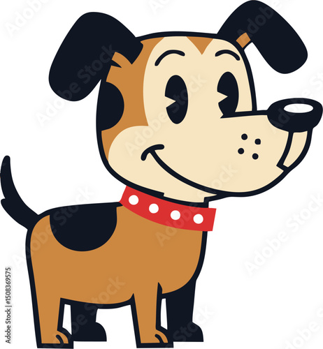 Cartoon dog with brown and tan fur black ears and a red collar smiles cheerfully