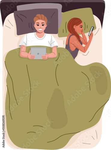 Couple in bed with gadgets. Cartoon flat vector of young man and woman lying in bed, each engaged with a digital device. Modern, relatable scene reflecting everyday technology habits in relationships