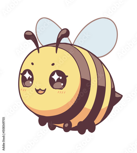 A cute cartoonstyle bee with large sparkling eyes and striped body