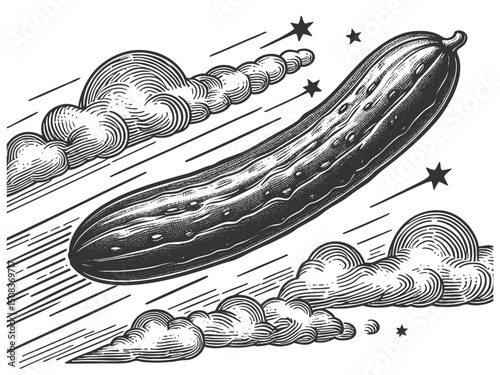 Cucumber pickle flying through stars, symbolizing fantasy, humor, and surreal creativity sketch engraving generative ai vector illustration. Scratch board imitation. Black and white image.