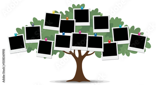 Family Tree with Photo Frames and Colorful Push Pins Illustration