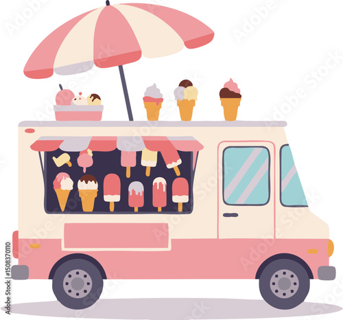 Ice cream truck with awning parasol and variety of frozen treats