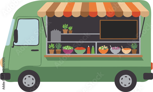 A food truck painted green featuring a striped awning a window display of bowls plants and condiment bottles