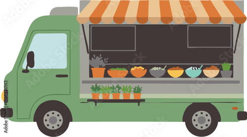 A green food truck with an orange and beige striped awning and various dishes and plants on display
