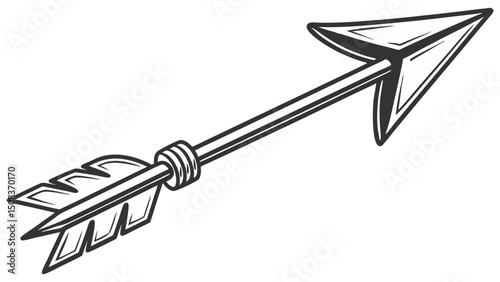 A stylized arrow with a feathered tail and a sharp arrowhead pointing upwards in black and white design