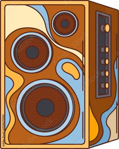 Cartoon groovy speaker. Vector vintage audio stereo musical device, nostalgic electronics, funky hippie subwoofer with abstract psychedelic pattern and expressive retro y2k vibe, for listening music