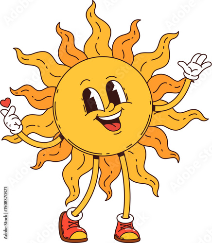 Cartoon groovy Wild west western sun character. Isolated vector sunny retro personage with big, joyful smile, vibrant rays beaming, arms outstretched, exude positive summer vibes, warmth and happiness
