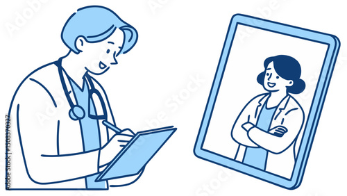 A doctor taking notes while consulting with another doctor on a tablet screen in a light blue setting