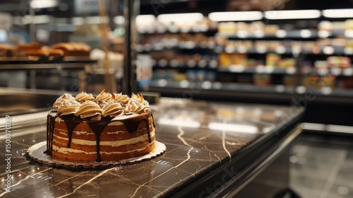A decadent coffee cake rests on an empty supermarket counter, its rich aroma imagined in the stark emptiness