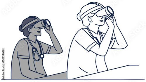 Two medical professionals wearing vr headsets and stethoscopes looking through virtual reality goggles