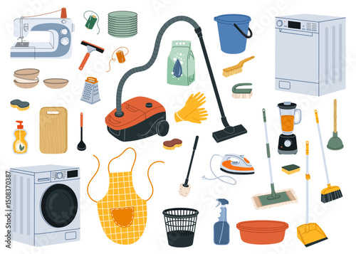 Home appliance, kitchenware and kitchen utensil. Vector set of washing machine, dishwasher, vacuum cleaner, iron, mop, sponge and gloves, dishes, spray, detergent, apron and cutting board equipment