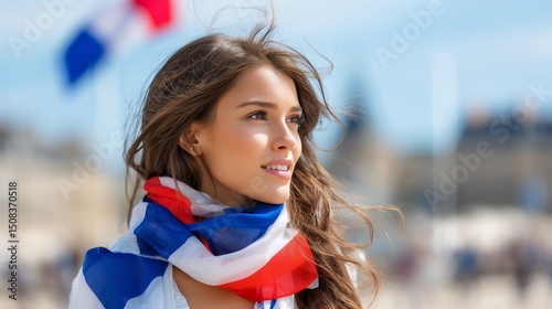 Young caucasian woman with french flag scarf smiling outdoors
