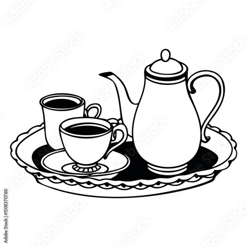 A black and white illustration of a tea set on a tray with two cups and a pot on transparent background