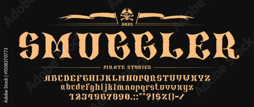 Medieval pirate font or corsair typeface and Western type, vector nautical English alphabet. Medieval font letters, grunge type effect of pirates map of Caribbean treasure island for corsair typeface