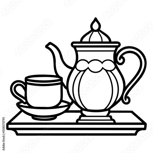 A drawing of a tea set with a teapot and a cup on a tray in black and white lines on transparent background