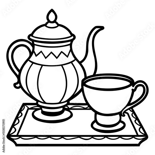 Illustration of a teapot with a decorative pattern and a teacup on a scalloped tray on transparent background