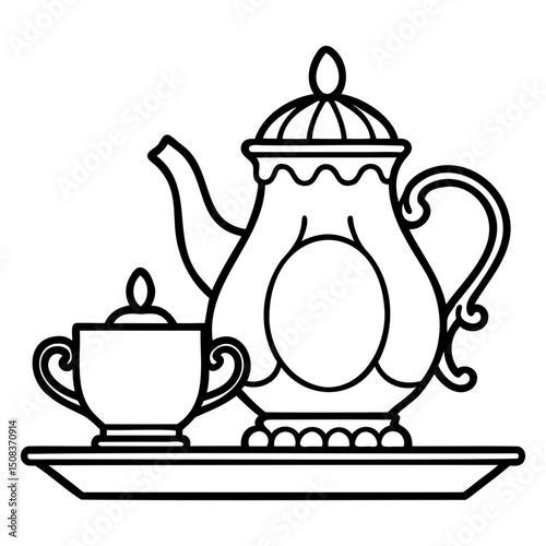 A black and white drawing of a teapot and a sugar bowl on a rectangular tray design on transparent background